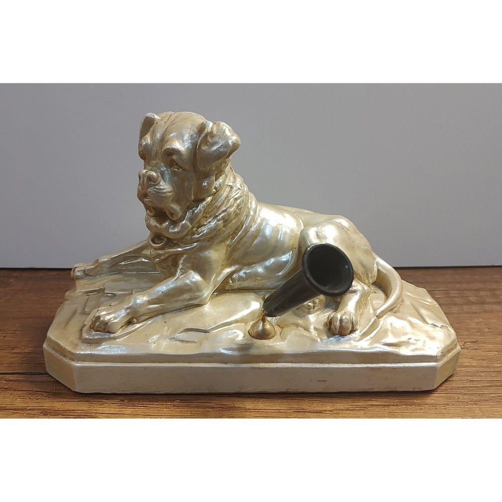 Vintage House of David Mastiff Pearl Chalkware Desk Pen Holder Rare No Pen